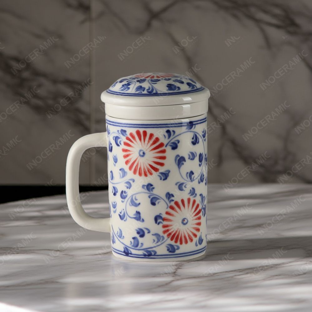 Ca (cốc) lọc trà sứ - Hoa cúc dây vẽ tay in logo