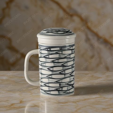 Ca (cốc) lọc trà sứ - Cá đàn vẽ tay in logo