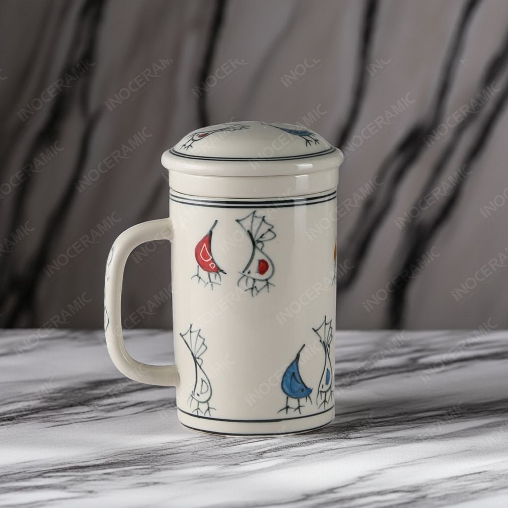 Ca (cốc) lọc trà sứ - Đôi chim vẽ tay in logo