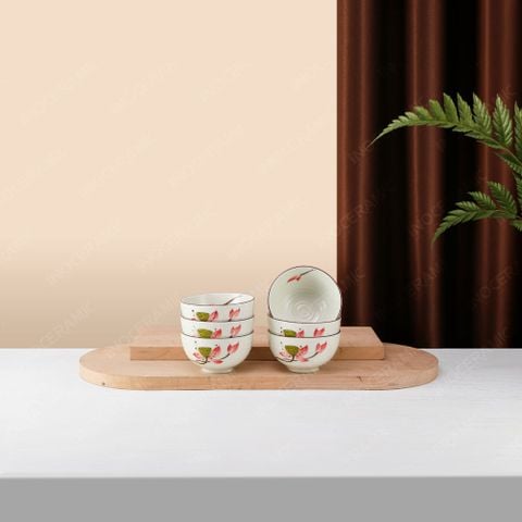 Bộ 06 chén (bát) cơm - Hoa văn Sen hồng - Bát đĩa Bát Tràng in logo quà tặng