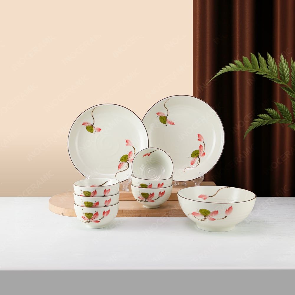 Bộ bát đĩa quà tặng 9 sản phẩm - Sen hồng - Bát đĩa Bát Tràng in logo quà tặng