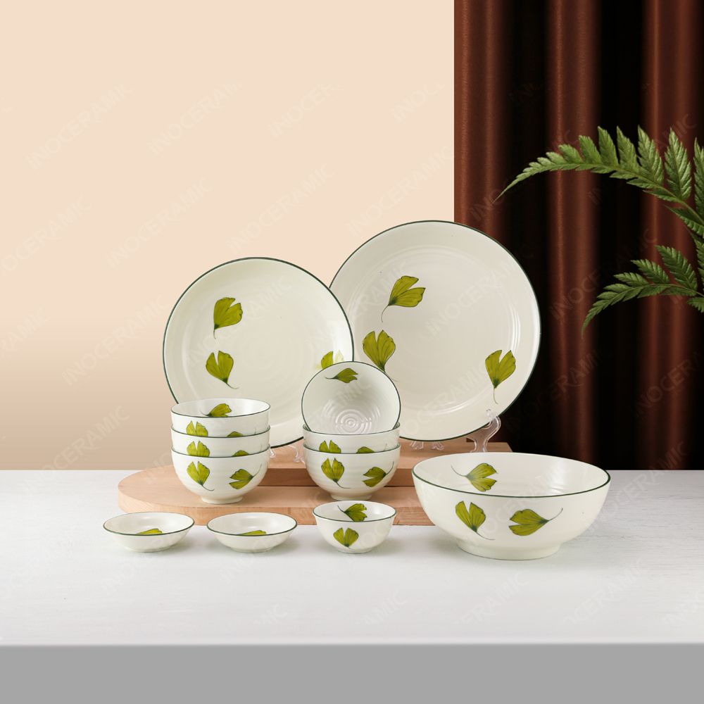 Bộ bát đĩa quà tặng 12 sản phẩm - Quạt lá - Bát đĩa Bát Tràng in logo quà tặng