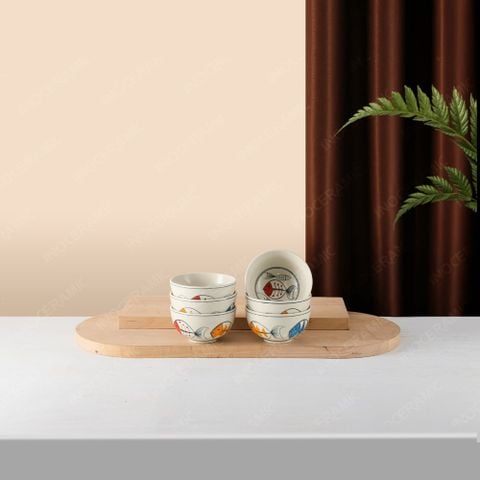 Bộ 06 chén (bát) cơm - Hoa văn Cá thuỷ tinh màu - Bát đĩa Bát Tràng in logo quà tặng