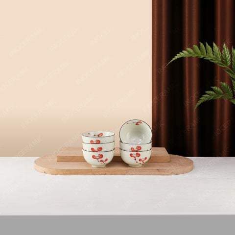 Bộ 06 chén (bát) cơm - Hoa văn Hoa phượng đỏ - Bát đĩa Bát Tràng in logo quà tặng