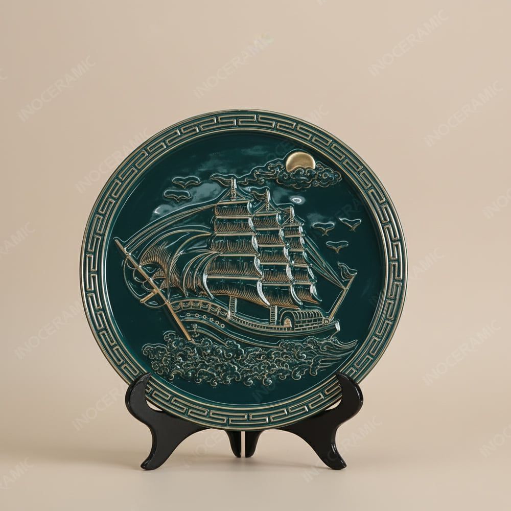 Đĩa trưng bày Thuận Buồm Xuôi Gió men màu kẻ vàng in logo