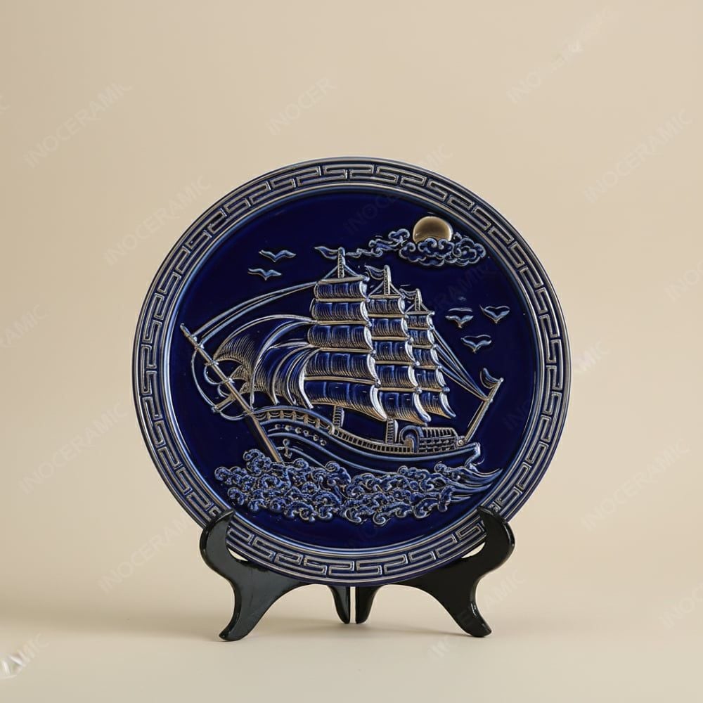 Đĩa trưng bày Thuận Buồm Xuôi Gió men màu kẻ vàng in logo