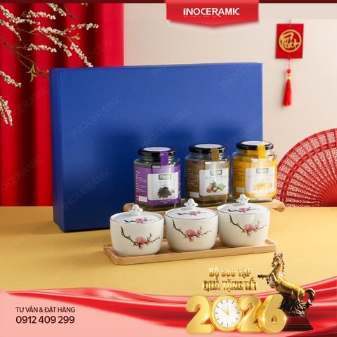 Xuân An Lạc – Set hũ mứt quà Tết gốm sứ Bát Tràng ý nghĩa cho doanh nghiệp