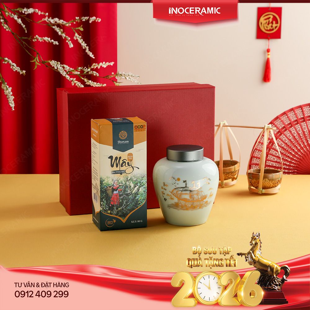Giftset hũ đựng trà Thuận An - Món quà Tết gốm sứ Bát Tràng in logo cao cấp