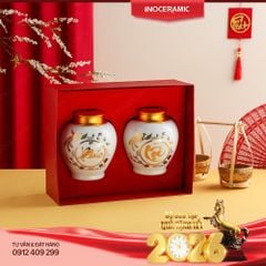 Hộp quà tặng 2 hũ trà Gốm sứ Bát Tràng Phúc Lộc – Quà Tết cao cấp