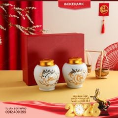 Hộp quà tặng 2 hũ trà Gốm sứ Bát Tràng Phúc Lộc – Quà Tết cao cấp
