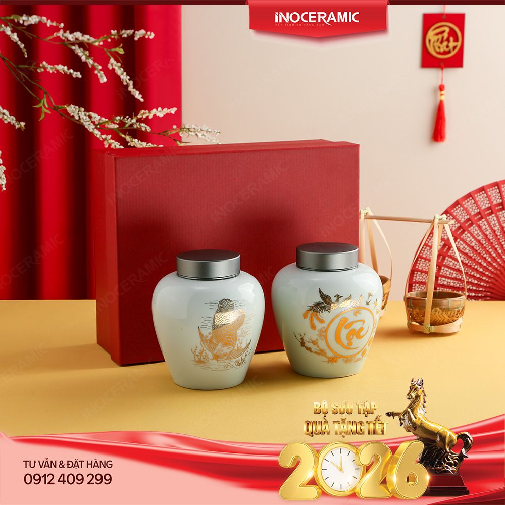 Hộp quà tặng 02 hũ trà Kim Long Nghinh Lộc - Quà Tết cao cấp in logo sắc nét