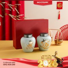 Hộp quà tặng 02 hũ trà Kim Long Nghinh Lộc - Quà Tết cao cấp in logo sắc nét