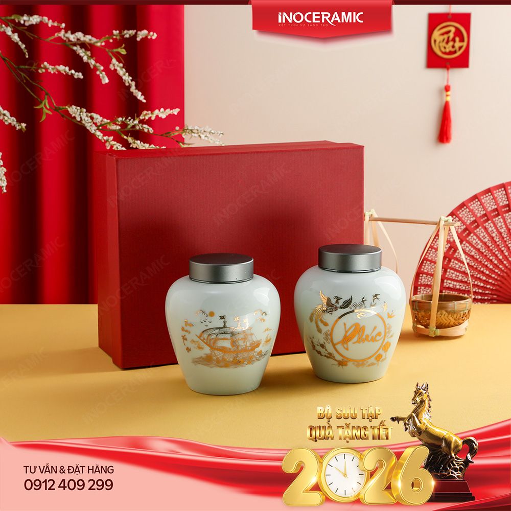 Giftset quà tặng Thuận Phúc Vạn An – Bộ quà Tết hũ đựng trà Gốm Sứ Bát Tràng cao cấp