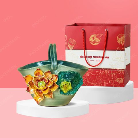 Quà tặng phụ nữ - Giỏ hoa thấp sứ Bát Tràng đắp nổi