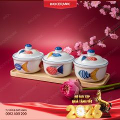 Bộ khay hũ mứt gốm sứ Bát Tràng vẽ tay - Quà Tết in ấn logo sắc nét