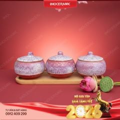 Khay 03 hũ đựng kẹo mứt men hoả biến Gốm Sứ Bát Tràng | Quà tặng Tết in logo