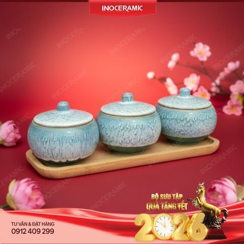 Khay 03 hũ đựng kẹo mứt men hoả biến Gốm Sứ Bát Tràng | Quà tặng Tết in logo