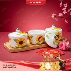 Bộ hũ mứt men trắng vẽ tay gốm sứ Bát Tràng - Quà biếu Tết in logo