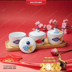 Bộ hũ mứt men trắng vẽ tay gốm sứ Bát Tràng - Quà biếu Tết in logo