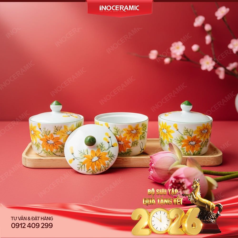 Bộ hũ mứt men trắng vẽ tay gốm sứ Bát Tràng - Quà biếu Tết in logo