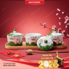 Bộ khay hũ mứt gốm sứ Bát Tràng vẽ tay - Quà Tết in ấn logo sắc nét