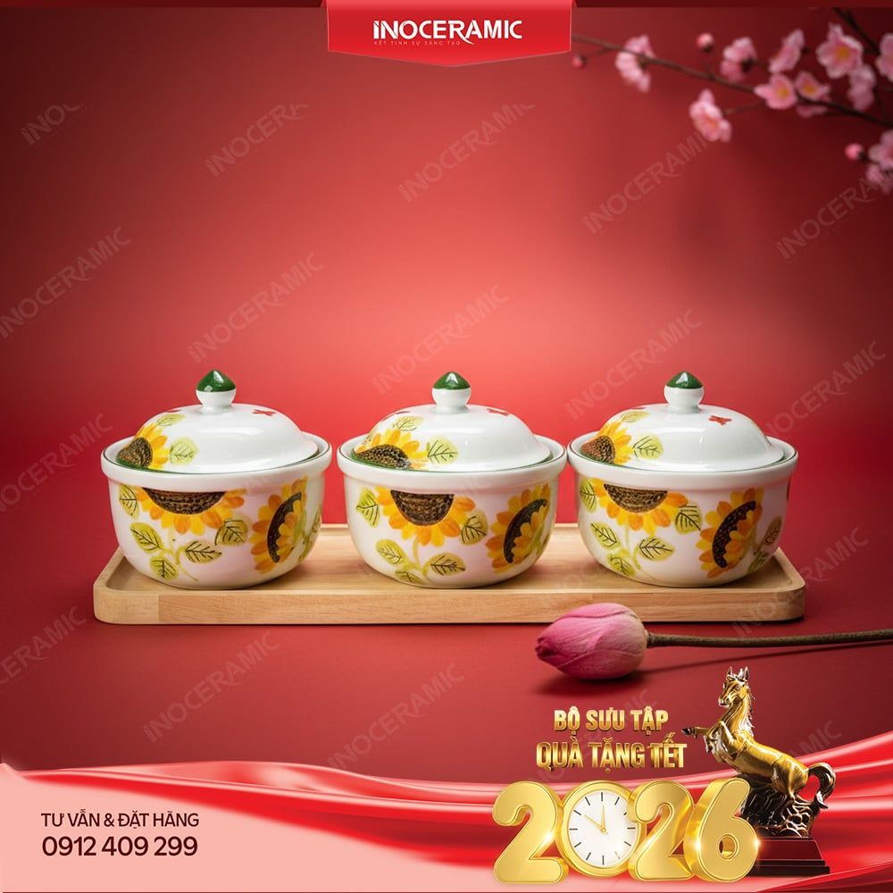 Bộ khay hũ mứt gốm sứ Bát Tràng vẽ tay - Quà Tết in ấn logo sắc nét