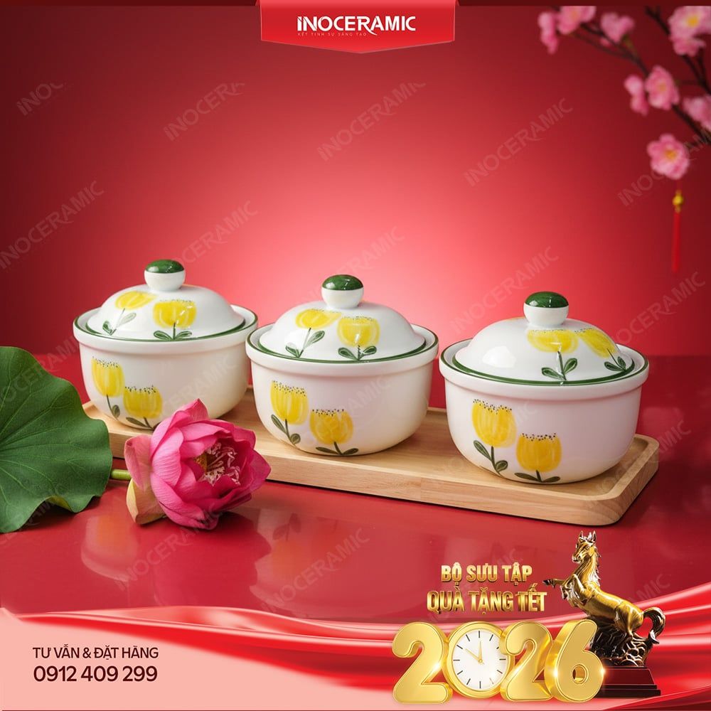 Bộ khay hũ mứt gốm sứ Bát Tràng vẽ tay - Quà Tết in ấn logo sắc nét