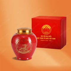 Hũ đựng trà Lý Ngư Vượt Vũ Môn in logo Mặt Trận Tổ Quốc