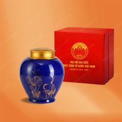 Hũ đựng trà Liên Hạc Trường Xuân in logo Đại hội Mặt Trận Tổ Quốc