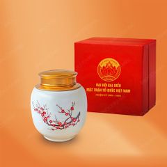 Hũ đựng trà hoa đào 200gr in logo Đại hội Mặt Trận Tổ Quốc
