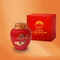 Hũ đựng trà men đỏ sen vàng 250gr quà tặng Đại hội Mặt Trận Tổ Quốc