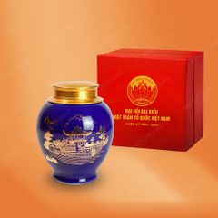 Hũ đựng trà men tím Chùa Một Cột 250gr in logo Mặt Trận Tổ Quốc