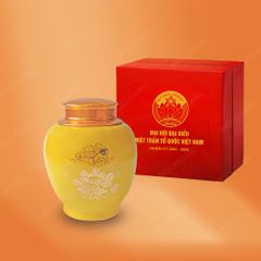 Hũ trà men vàng hoa sen 250gr in logo Đại hội Mặt Trận Tổ Quốc