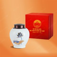 Hũ đựng trà Sen xanh Cobalt quà tặng Đại hội Mặt Trận Tổ Quốc