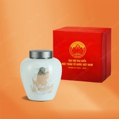 Hũ đựng trà men ngọc hoa văn vẽ vàng quà tặng Đại hội Mặt Trận Tổ Quốc
