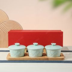 Khay 3 hũ đựng kẹo mứt Hoa Đào men ngọc gốm sứ Bát Tràng | Quà Tết