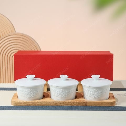 Bộ khay hũ mứt Hoa Đào gốm sứ Bát Tràng – Quà Tết sang trọng