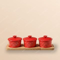 Bộ khay hũ mứt Hoa Đào khắc nổi men đỏ gốm sứ Bát Tràng | Quà Tết