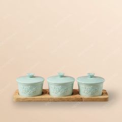 Khay 3 hũ đựng kẹo mứt Hoa Đào men ngọc gốm sứ Bát Tràng | Quà Tết