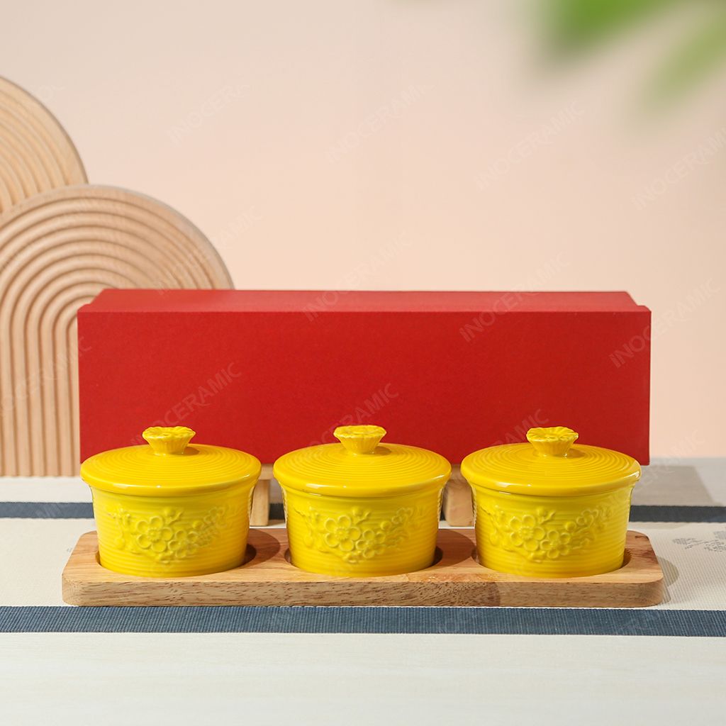Bộ 3 hũ sứ đựng kẹo mứt Hoa Đào men vàng gốm sứ Bát Tràng | Quà Tết