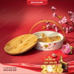 Khay đựng bánh kẹo gốm sứ Bát Tràng quai gỗ - Quà tặng Tết cho doanh nghiệp