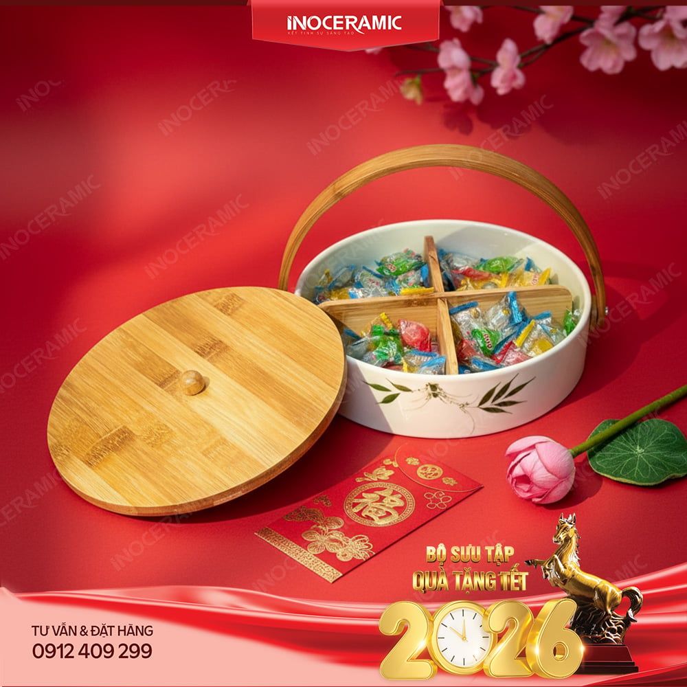 Khay đựng bánh kẹo gốm sứ Bát Tràng quai gỗ - Quà tặng Tết cho doanh nghiệp