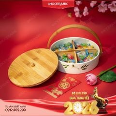 Khay đựng bánh kẹo gốm sứ Bát Tràng quai gỗ - Quà tặng Tết cho doanh nghiệp