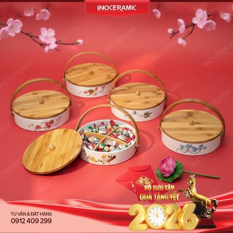 Khay đựng bánh kẹo gốm sứ Bát Tràng quai gỗ - Quà tặng Tết cho doanh nghiệp