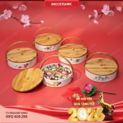Khay đựng bánh kẹo gốm sứ Bát Tràng quai gỗ - Quà tặng Tết cho doanh nghiệp