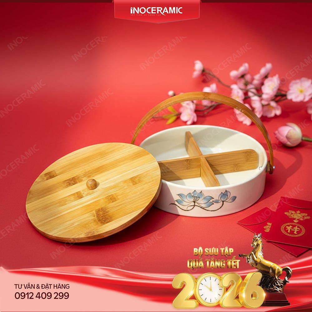 Khay đựng bánh kẹo gốm sứ Bát Tràng quai gỗ - Quà tặng Tết cho doanh nghiệp