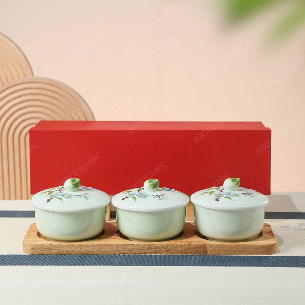 Khay hũ đựng mứt Thanh Đào Cát Tường men ngọc Bát Tràng – Quà Tết cao cấp