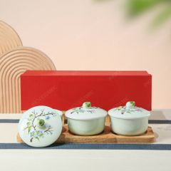 Khay hũ đựng mứt Thanh Đào Cát Tường men ngọc Bát Tràng – Quà Tết cao cấp