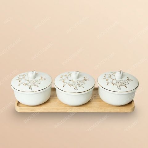 Bộ hũ mứt Bạch Đào Cát Khánh men trắng Bát Tràng – Quà Tết cao cấp