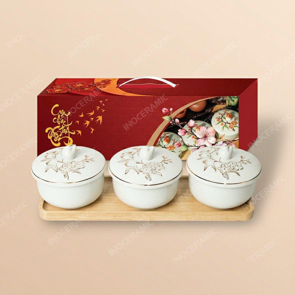 Bộ hũ mứt Bạch Đào Cát Khánh men trắng Bát Tràng – Quà Tết cao cấp